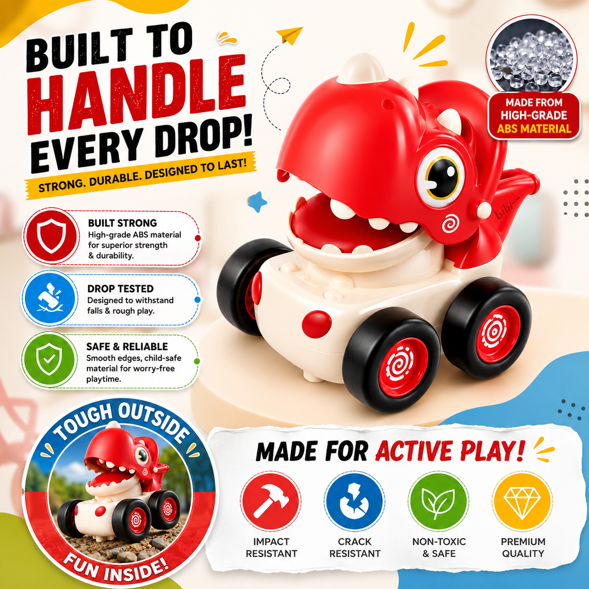 RRR Collection Dinosaur Press & Go Toy Car for Toddlers 1-3 Years | Baby Dino Friction Powered Whistle Car | Educational Push Toy for Boys & Girls
