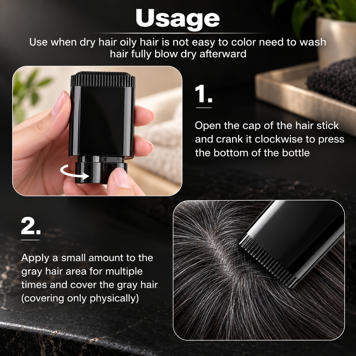 Hair Color Comb Stick for Grey Hair Coverage | Waterproof & Sweat-Proof Hair Root Touch-Up Stick for Men & Women – Black