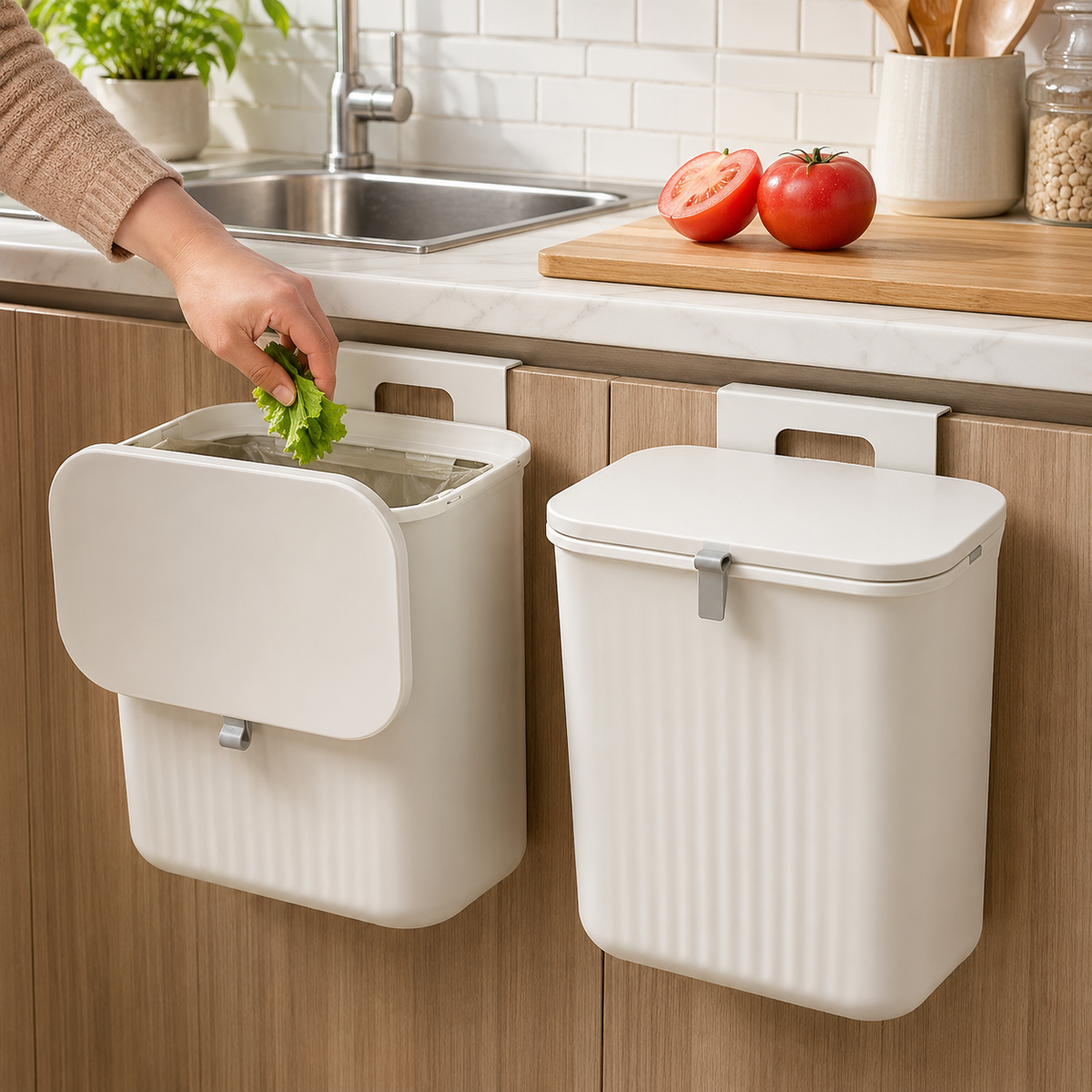 Hangable Kitchen Waste Compost Bin | Rubbish Basket & Waste Sorting Organizer for Cabinet Door, Bedroom & Countertop