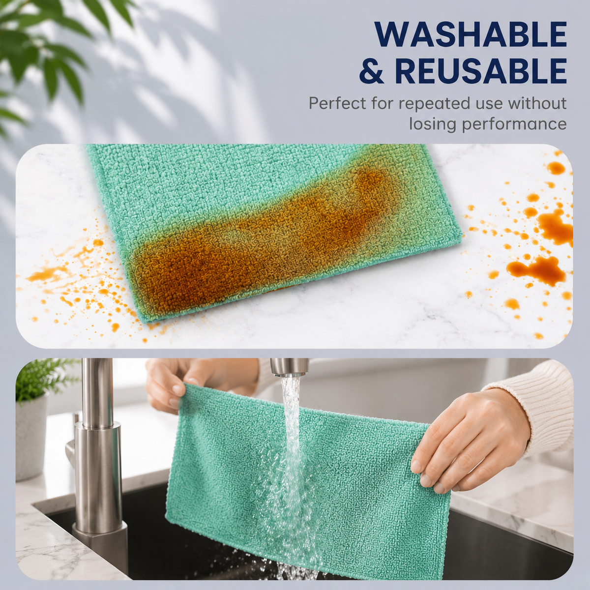 Microfiber Cleaning Cloth Roll 20 Pcs | Reusable, Washable, Lint-Free & Ultra Absorbent Kitchen Cleaning Towels – Sea Green, 25 × 25 cm