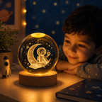 3D Galaxy Crystal Ball Night Lamp with Solar System, USB Colorful LED Light & Wooden Base | Astro with Moon Design