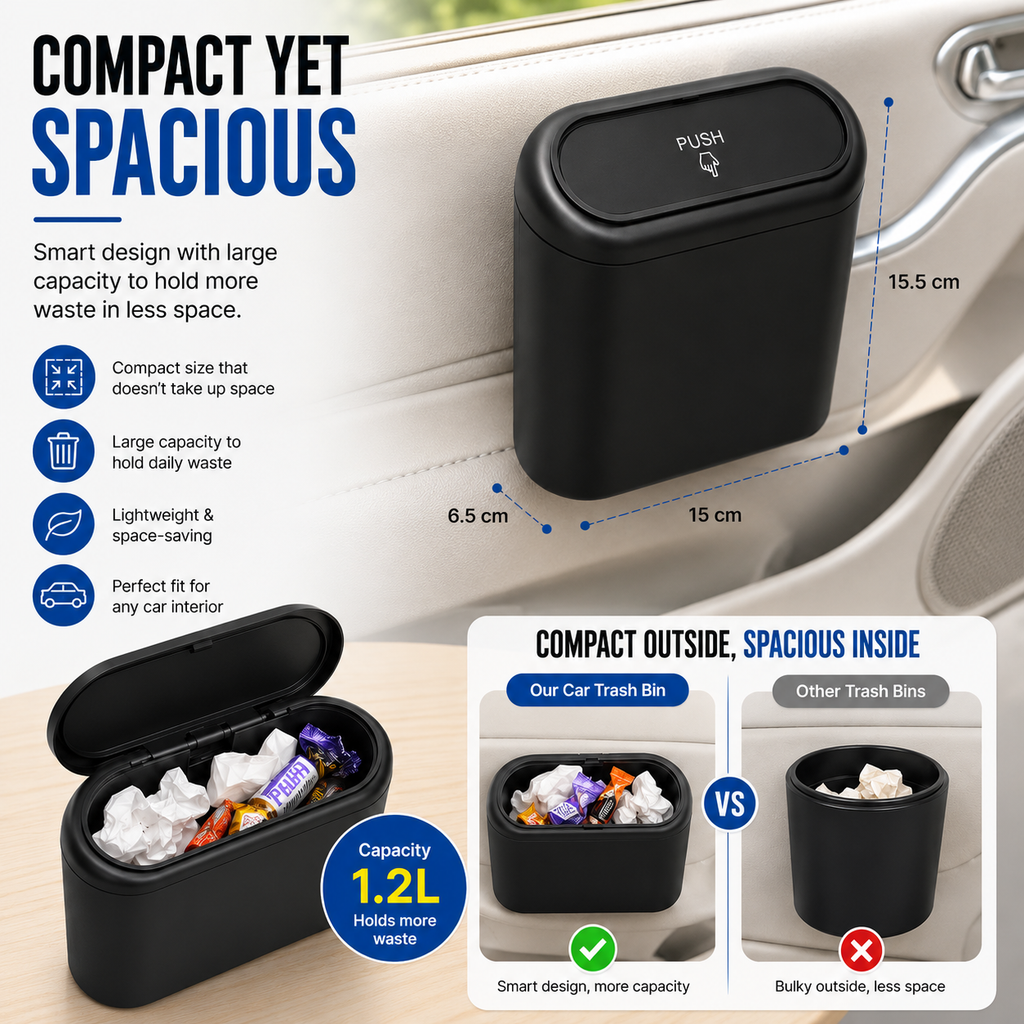 Mini Car Dustbin with Push Lid | Hanging Black Car Trash Bin for Cars, Home & Office