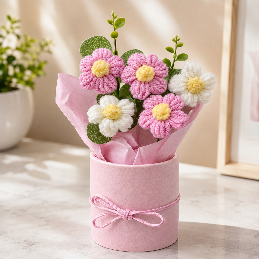 Handmade Pink Crochet Flower Bouquet – Pack of 1 | Handwoven Knitted Artificial Flowers for Home, Office, Bedroom, Wedding & Gifting