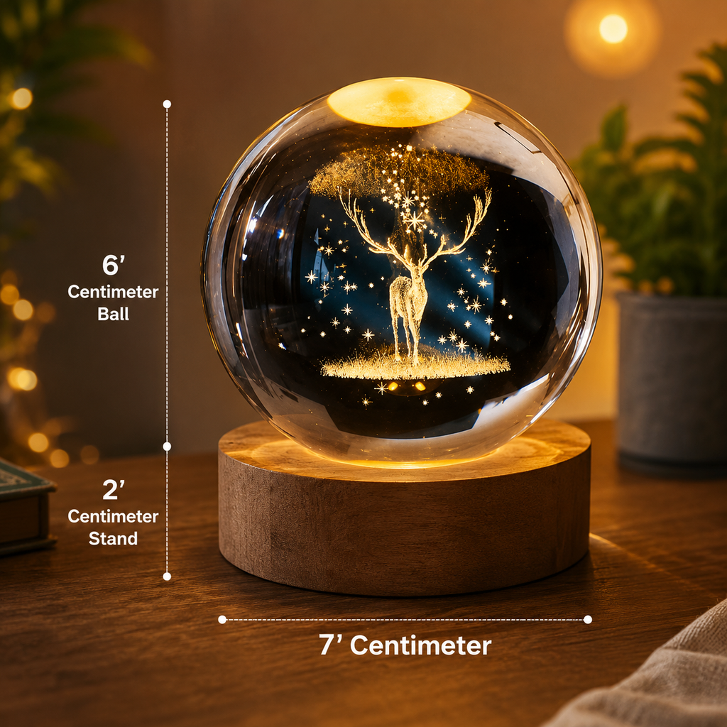 3D Galaxy Deer Crystal Ball Night Light with Engraved LED Glass Ball & Wooden Base | USB Decorative Table Lamp