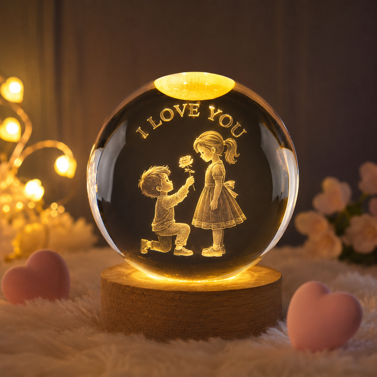 3D I Love You crystal ball night lamp with romantic couple design, colorful LED light and 2.4 inch wooden base. Ideal for home decoration and gifting.