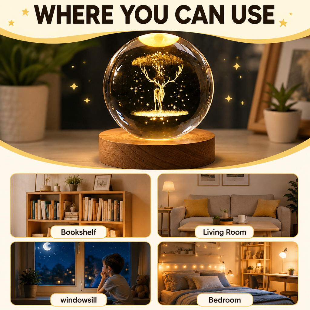 3D Galaxy Deer Crystal Ball Night Light with Engraved LED Glass Ball & Wooden Base | USB Decorative Table Lamp