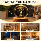 3D Galaxy Deer Crystal Ball Night Light with Engraved LED Glass Ball & Wooden Base | USB Decorative Table Lamp