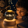 3D Universe Crystal Ball Night Light USB Table LED Lamp with Wooden Base | Warm White Decorative Light for Home, Office & Kids