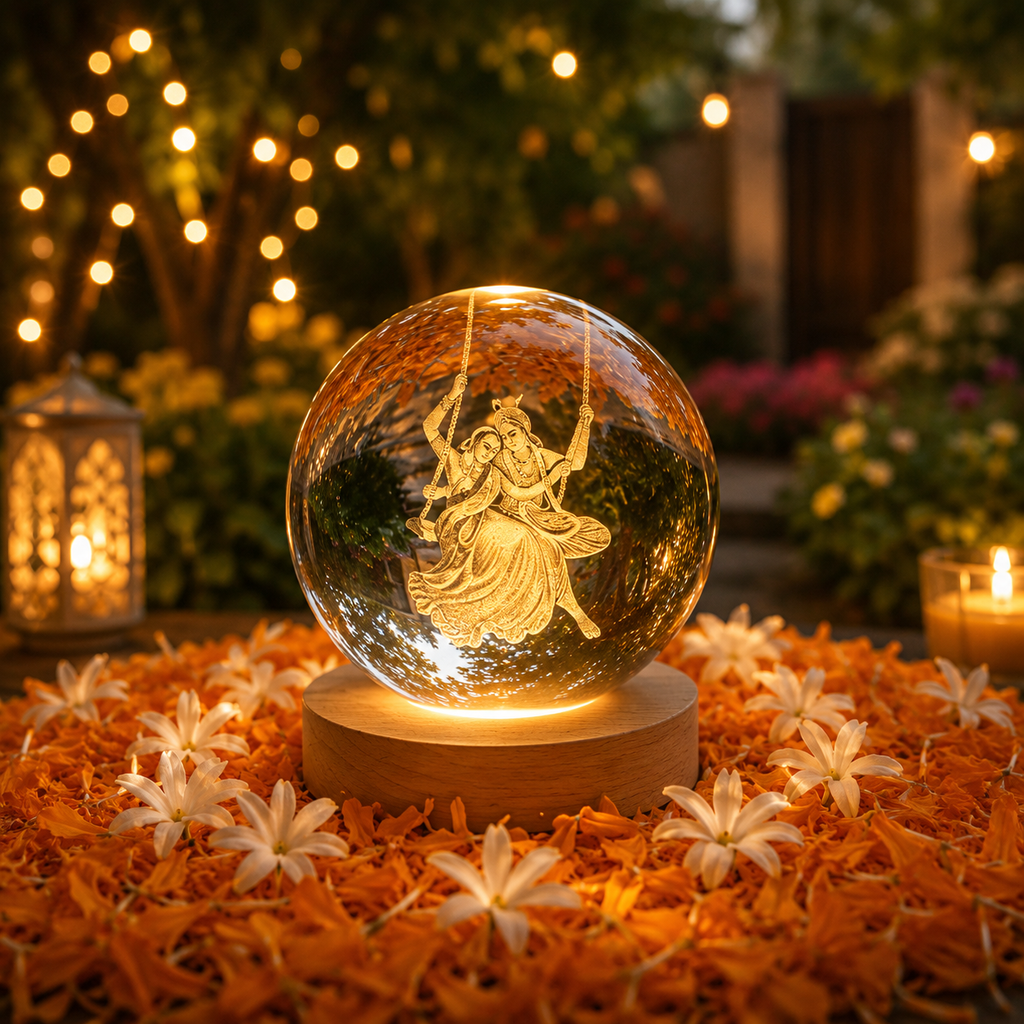 3D Radha Krishna Swing Crystal Ball LED Night Lamp with Wooden Base | Spiritual Engraved Decorative Light for Home Mandir