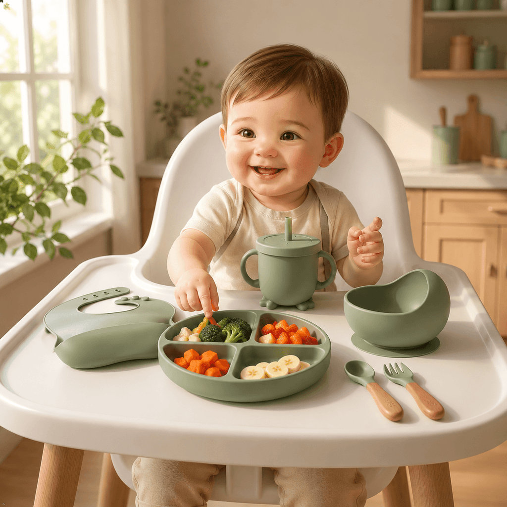Silicone Baby Feeding Set Green – 6 Pcs | Plate, Bowl, Spoon, Fork, Bib & Cup | Food-Grade Silicone Tableware for Babies & Toddlers
