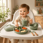 Silicone Baby Feeding Set Green – 6 Pcs | Plate, Bowl, Spoon, Fork, Bib & Cup | Food-Grade Silicone Tableware for Babies & Toddlers