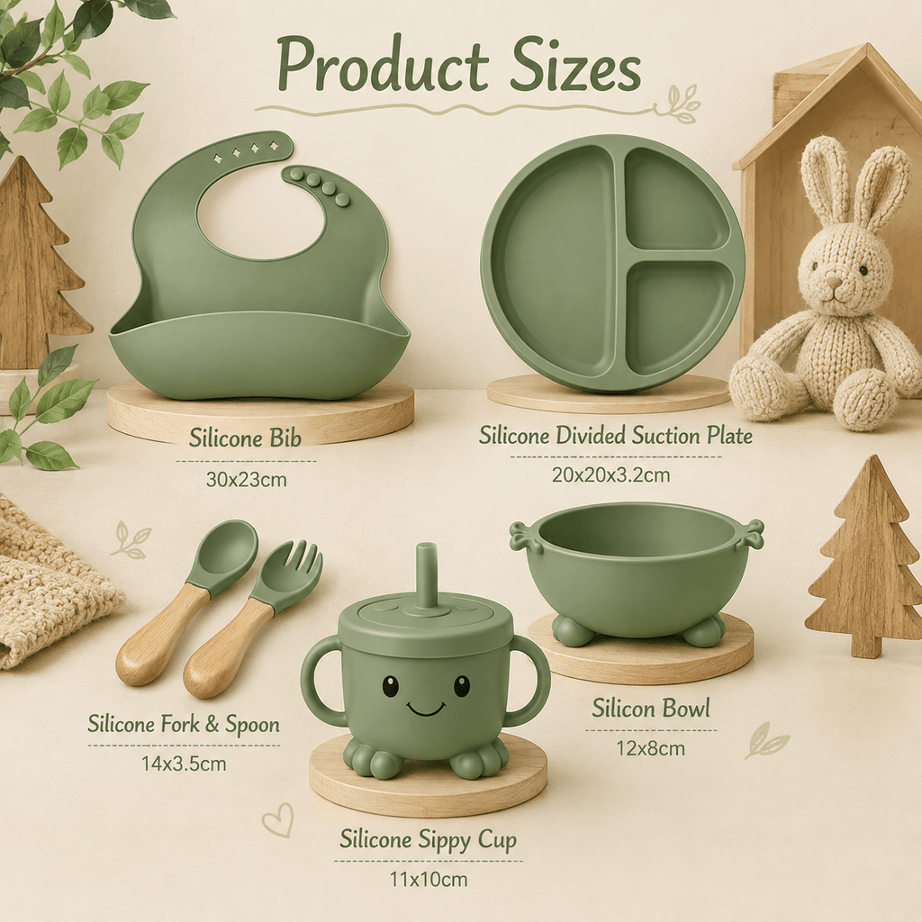 Silicone Baby Feeding Set Green – 6 Pcs | Plate, Bowl, Spoon, Fork, Bib & Cup | Food-Grade Silicone Tableware for Babies & Toddlers