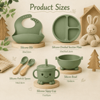 Silicone Baby Feeding Set Green – 6 Pcs | Plate, Bowl, Spoon, Fork, Bib & Cup | Food-Grade Silicone Tableware for Babies & Toddlers