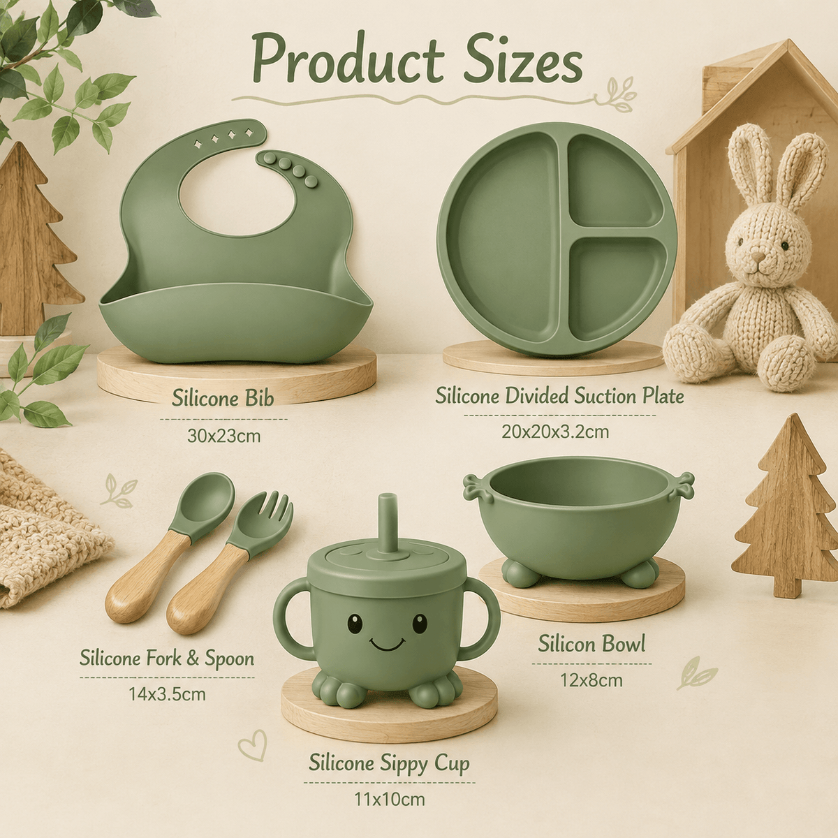 Silicone Baby Feeding Set Green – 6 Pcs | Plate, Bowl, Spoon, Fork, Bib & Cup | Food-Grade Silicone Tableware for Babies & Toddlers