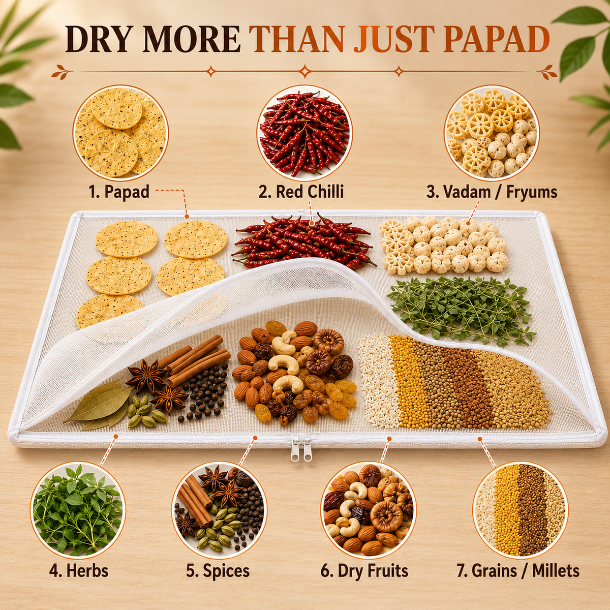 Papad Drying Mesh Net with Zip Cover, 28 x 38 Inch Reusable Food Drying Mat for Papad, Chilli, Fryums, Herbs, Spices, Grains & Dry Fruits
