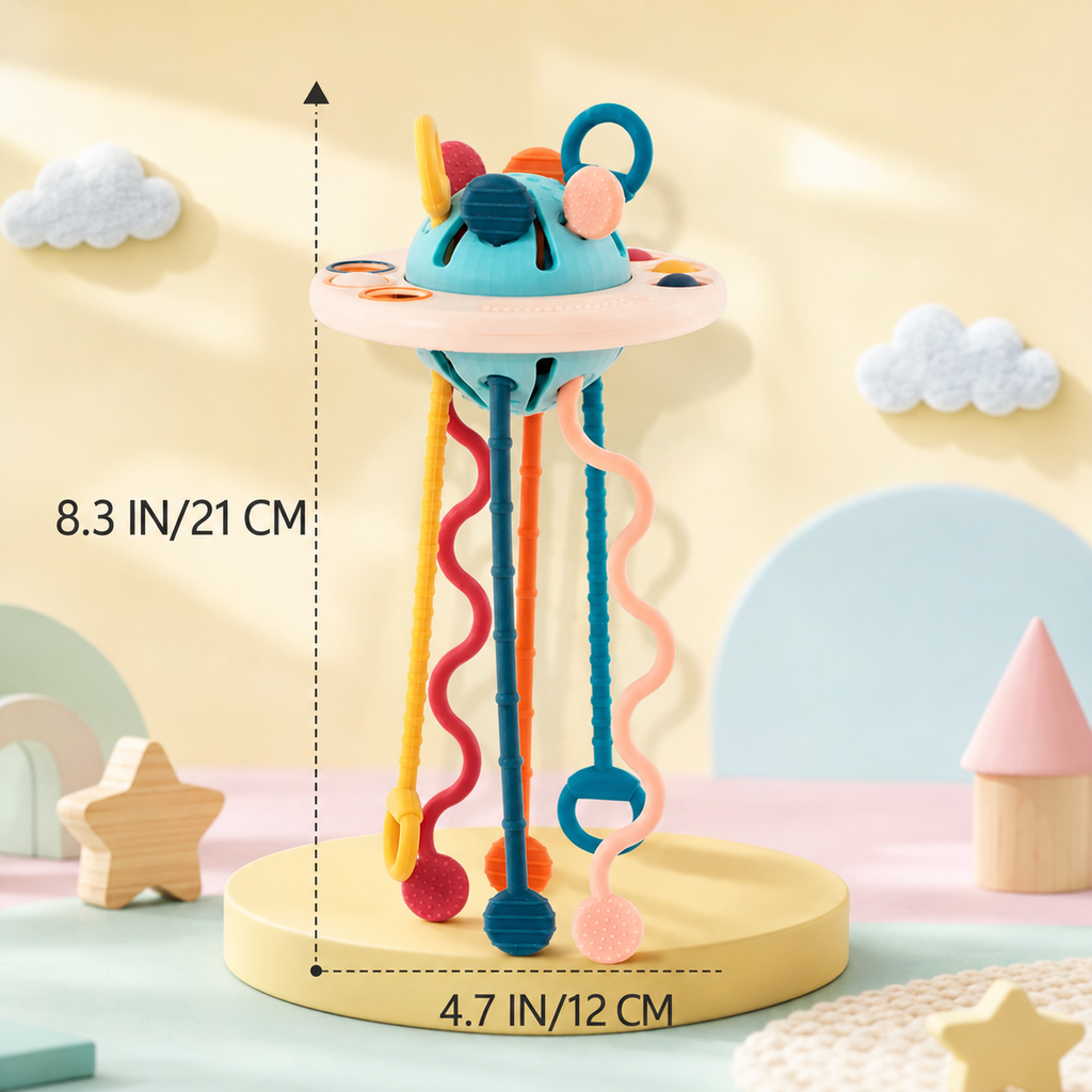 Interactive UFO Silicone Pull String Learning Toy for Kids | Baby Sensory Travel & Teething Toy for 6–18 Months