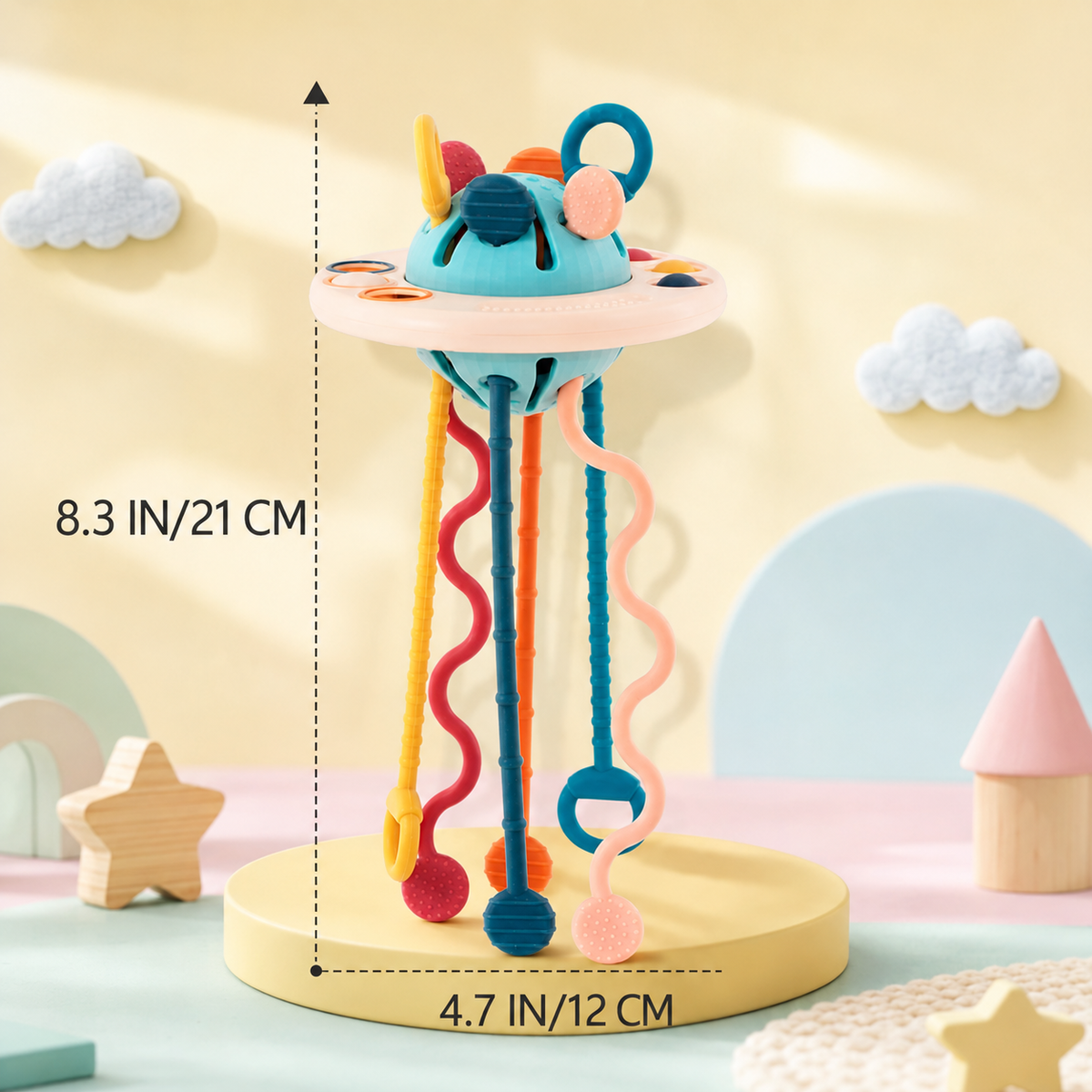Interactive UFO Silicone Pull String Learning Toy for Kids | Baby Sensory Travel & Teething Toy for 6–18 Months