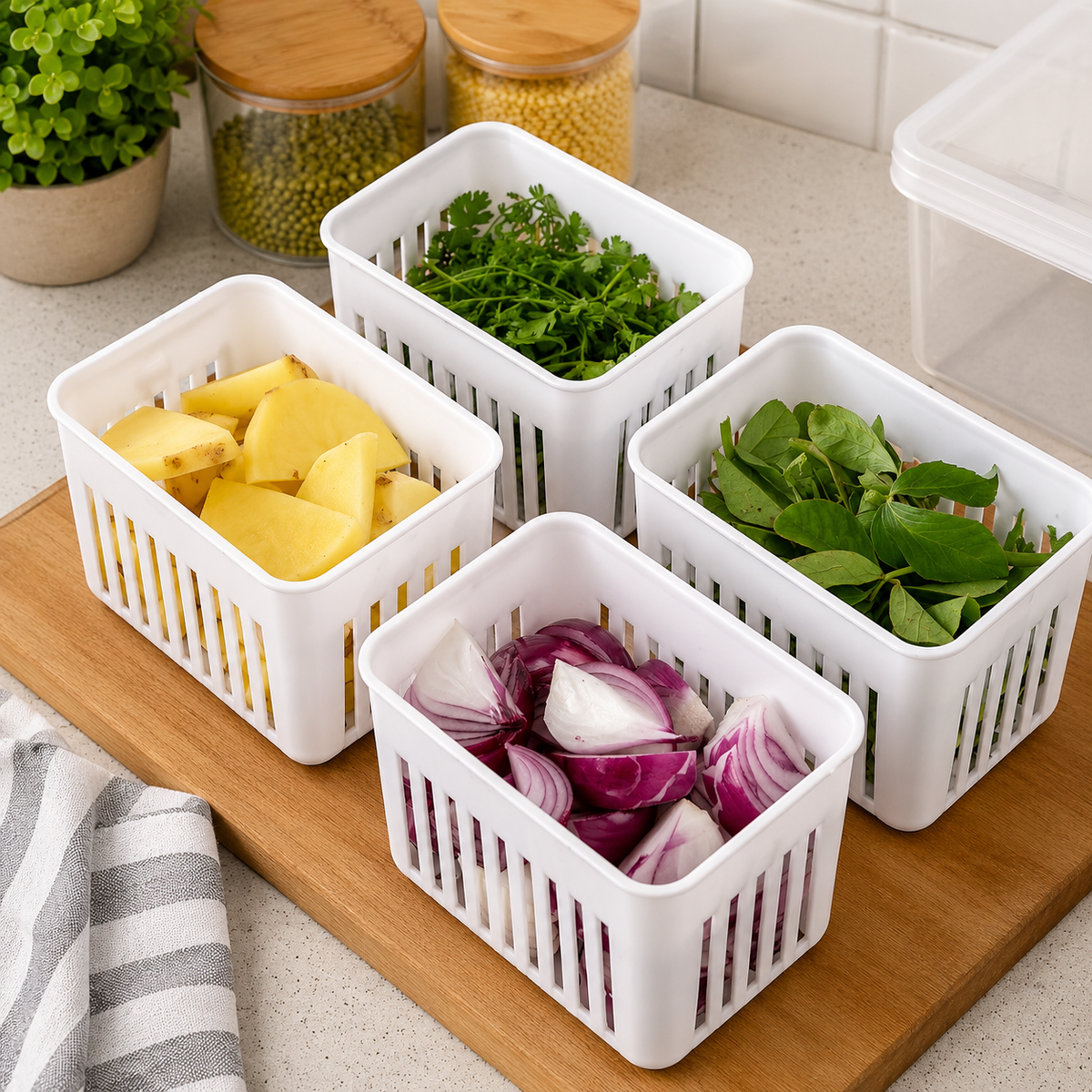 Fridge Storage Box with Lid & 4 Compartments | Refrigerator Organizer Basket for Fruits, Vegetables, Onion, Garlic & Herbs