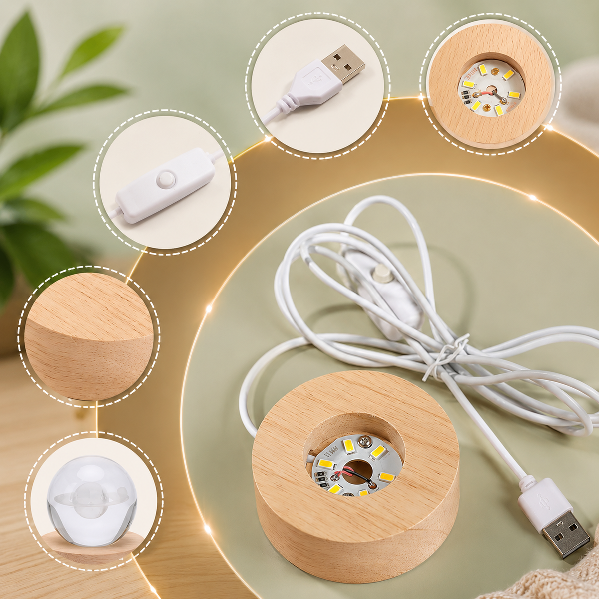 3D Galaxy Crystal Ball Night Lamp with Solar System, USB Colorful LED Light & Wooden Base | Astro with Moon Design