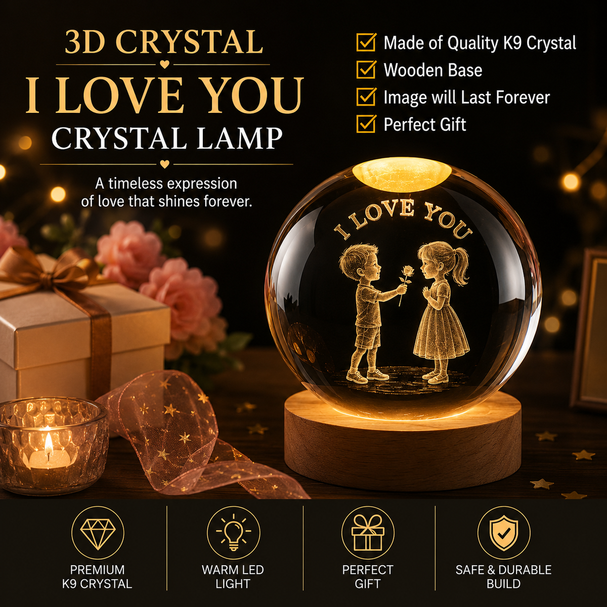 3D I Love You crystal ball night lamp with romantic couple design, colorful LED light and 2.4 inch wooden base. Ideal for home decoration and gifting.