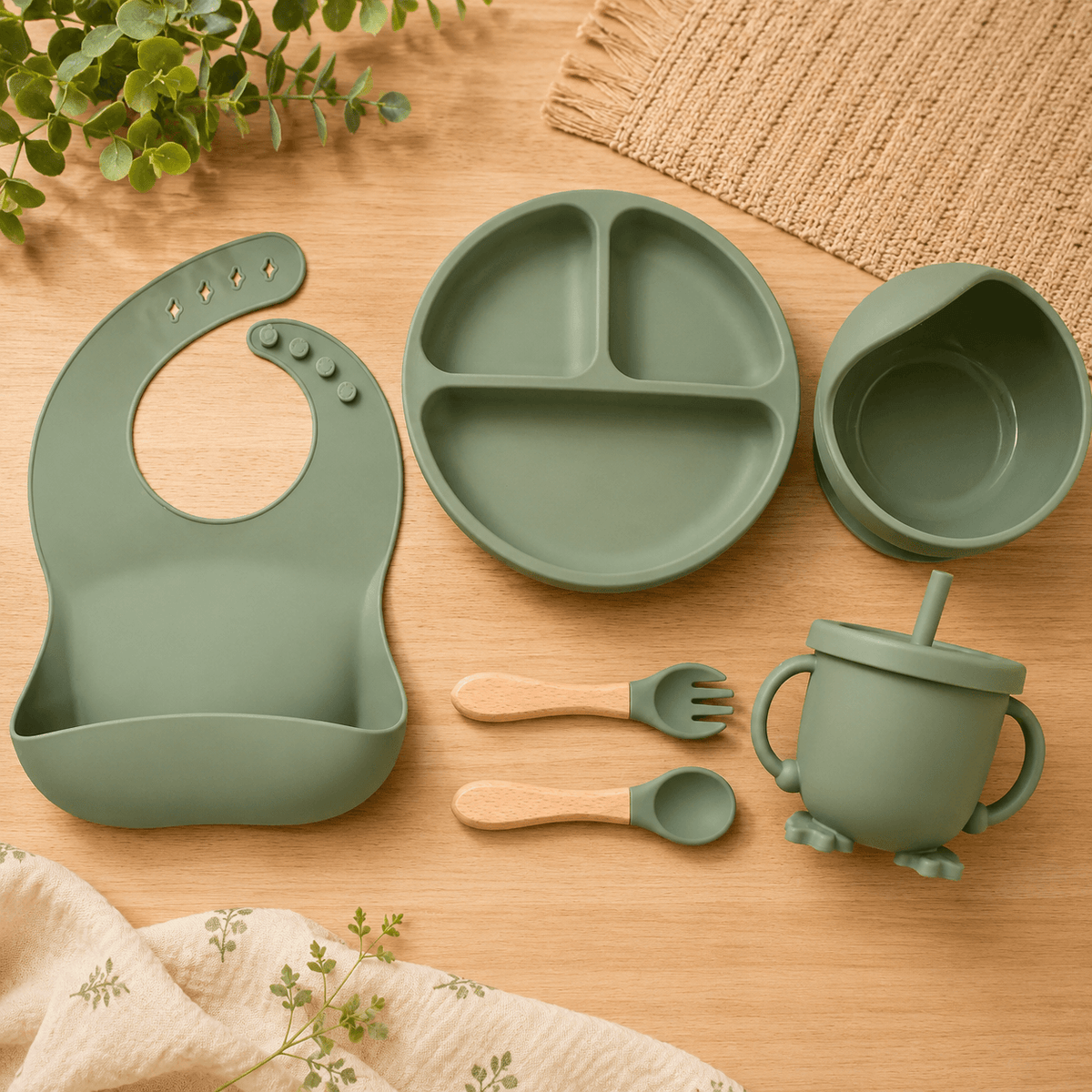 Silicone Baby Feeding Set Green – 6 Pcs | Plate, Bowl, Spoon, Fork, Bib & Cup | Food-Grade Silicone Tableware for Babies & Toddlers
