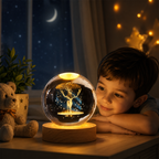 3D Galaxy Deer Crystal Ball Night Light with Engraved LED Glass Ball & Wooden Base | USB Decorative Table Lamp