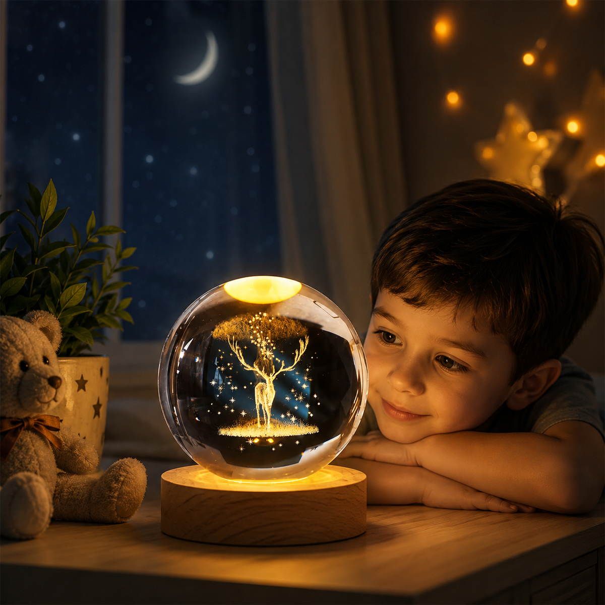 3D Galaxy Deer Crystal Ball Night Light with Engraved LED Glass Ball & Wooden Base | USB Decorative Table Lamp