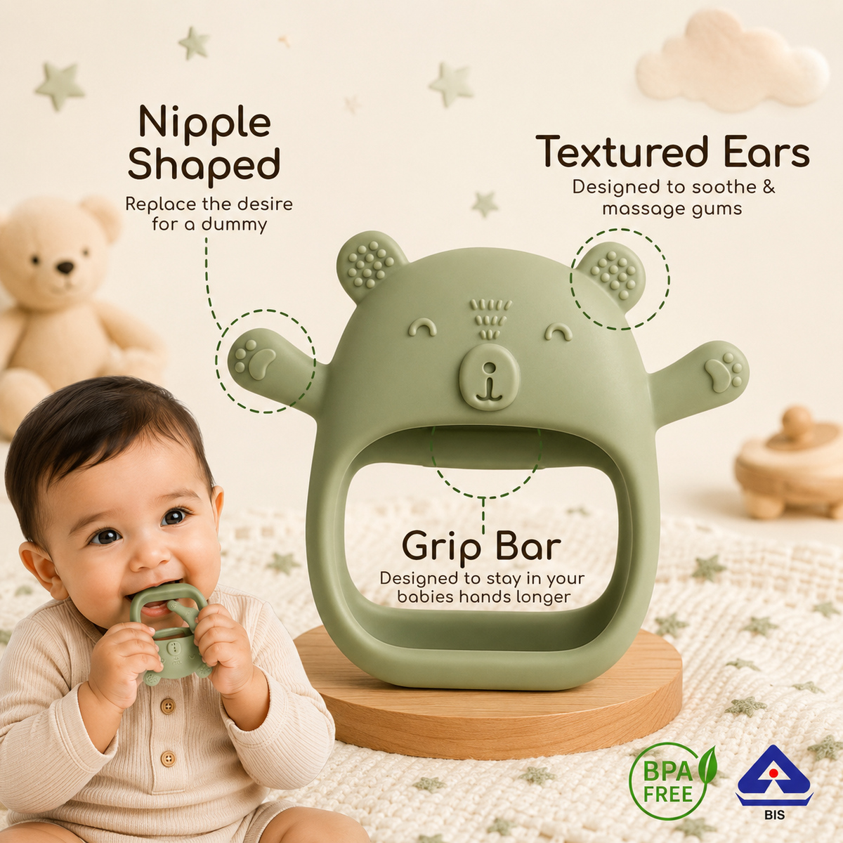 Elephant Wrist-Fit Sensory Teething Toy for Babies 3–12 Months | Food-Grade Silicone No-Drop BPA-Free Baby Teether