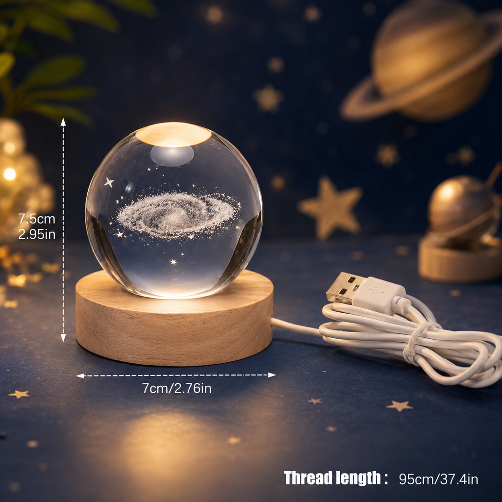 3D Galaxy Crystal Ball Night Lamp with Solar System, USB Colorful LED Light & Wooden Base | Astro with Moon Design