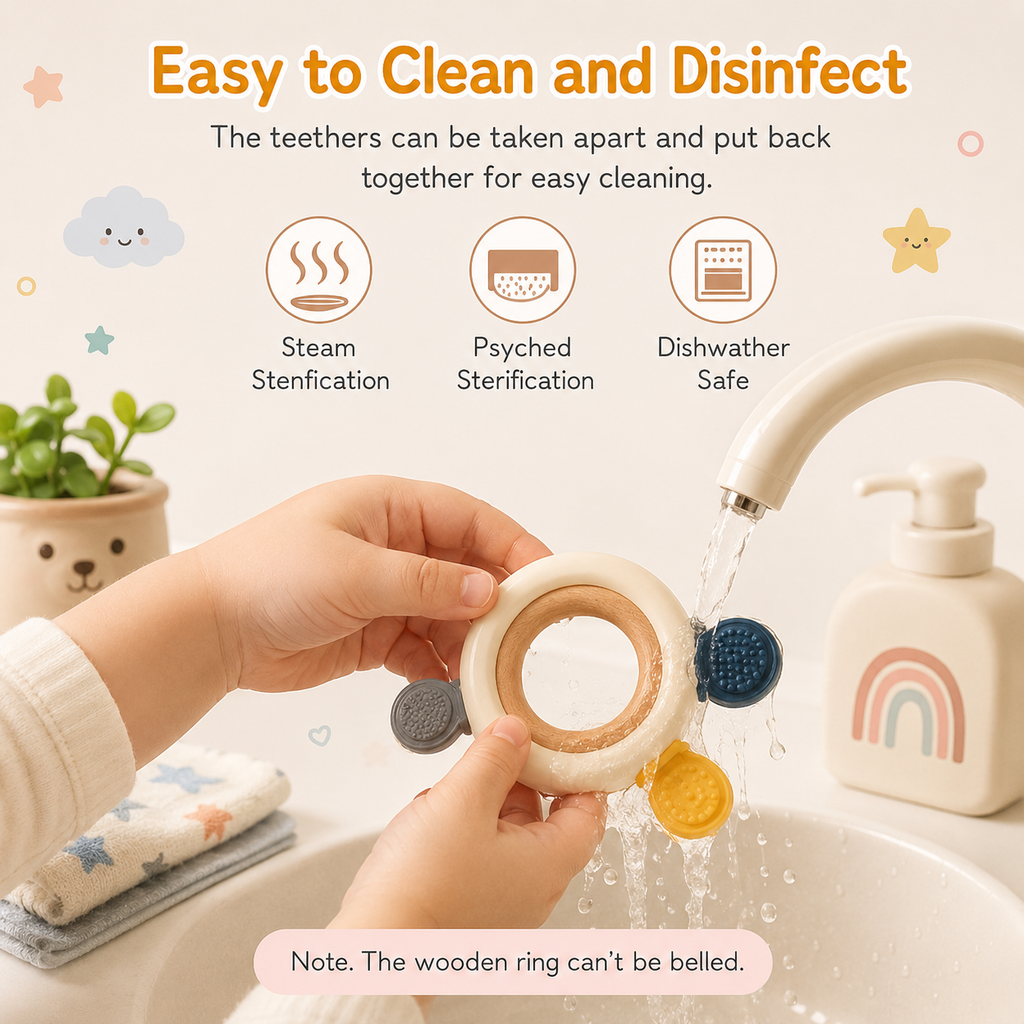 Silicone & Wooden Baby Teether Ring for Infants, Soft Textured Teething Toy