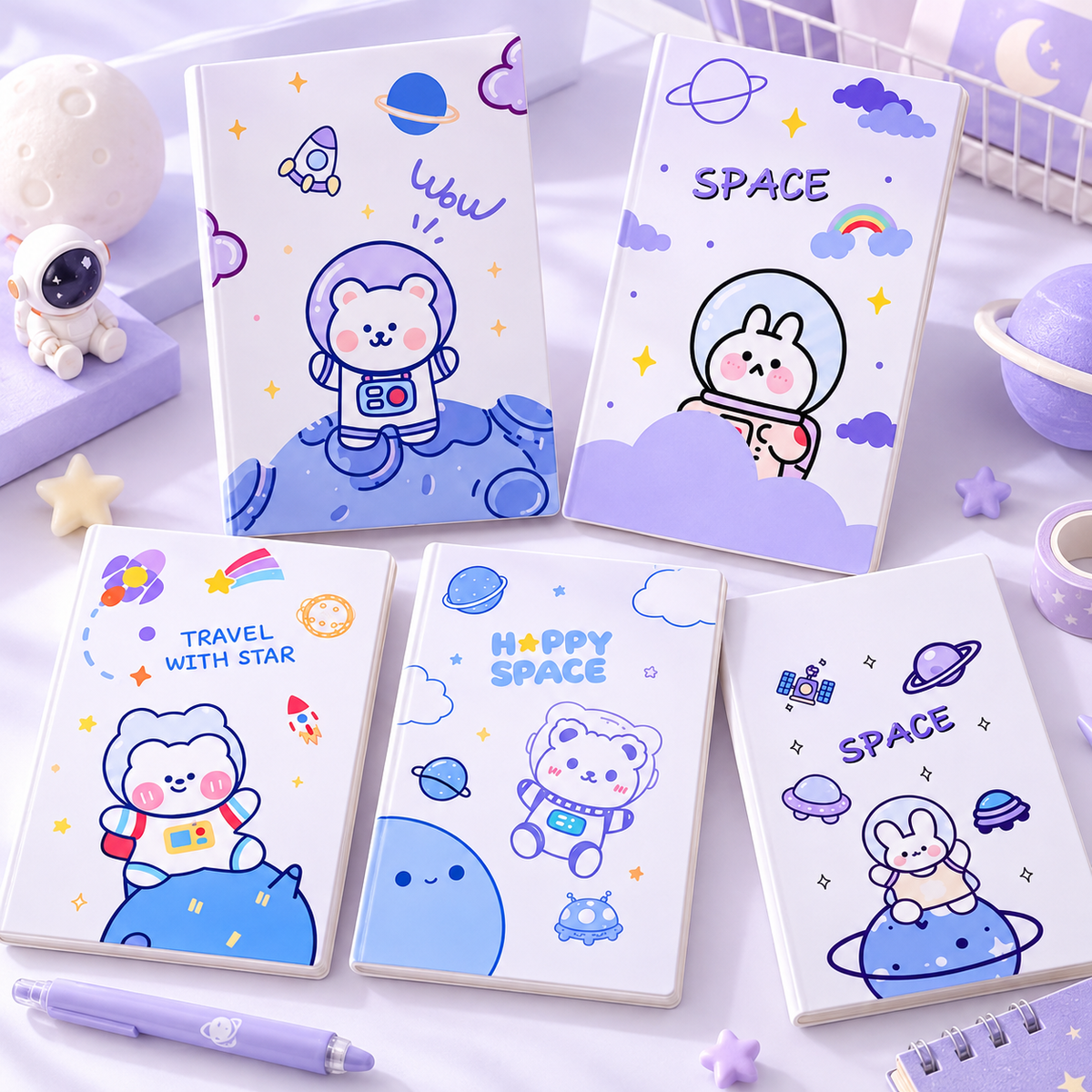 Cute Space Theme A5 Ruled Notebook Set of 5 | 60 Pages Each | Writing, Homework & Exercise Books for Kids, Students, School, Tuition & Office