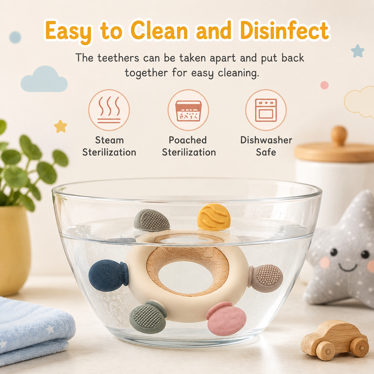 Silicone & Wooden Baby Teether Ring for Infants, Soft Textured Teething Toy