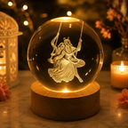 3D Radha Krishna Swing Crystal Ball LED Night Lamp with Wooden Base | Spiritual Engraved Decorative Light for Home Mandir