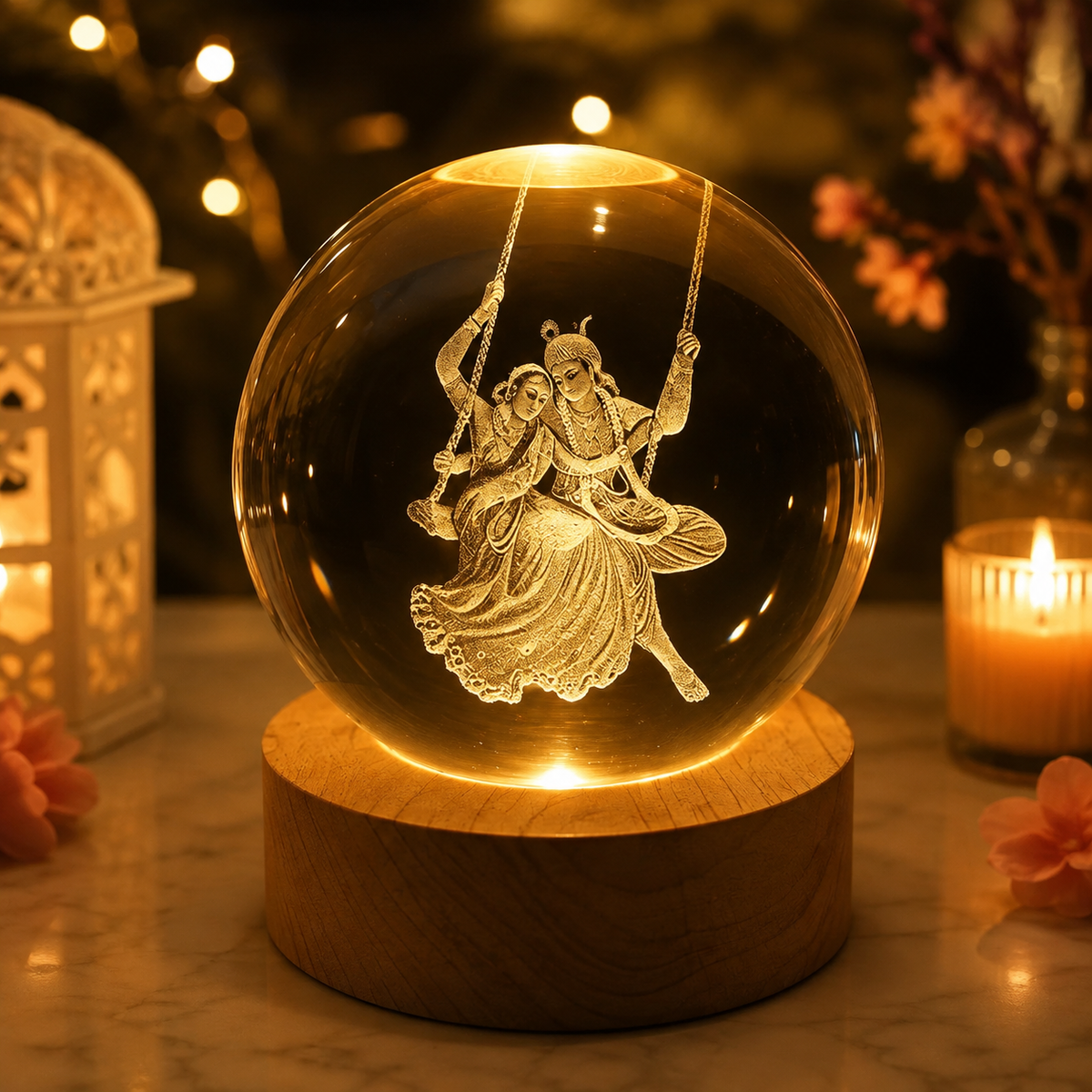 3D Radha Krishna Swing Crystal Ball LED Night Lamp with Wooden Base | Spiritual Engraved Decorative Light for Home Mandir