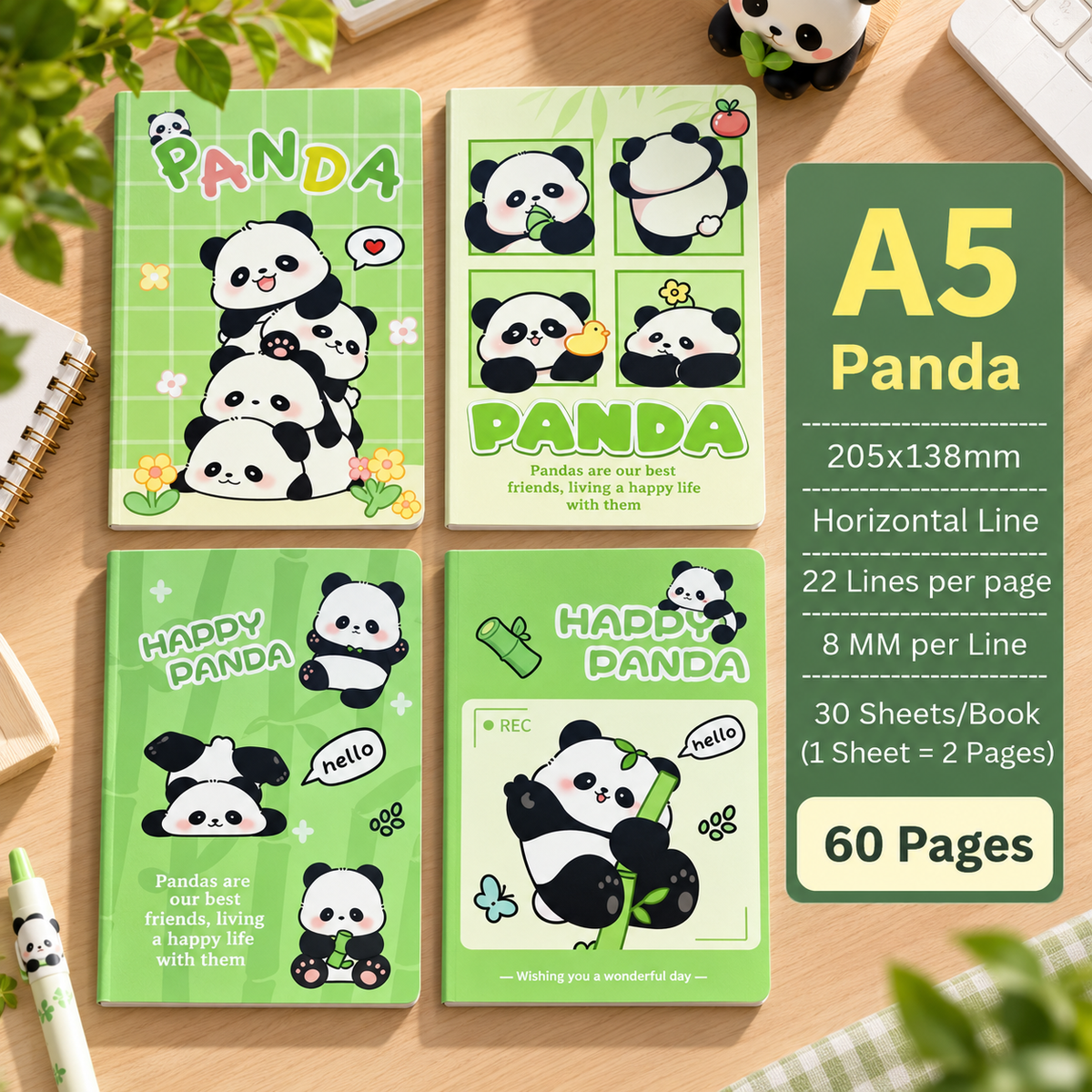 A5 Panda Theme Notebook Set of 4 | 60 Pages Ruled Notebook with 22 Lines per Page | Cute Panda Writing Notebook for School, Journaling, Notes & Diary