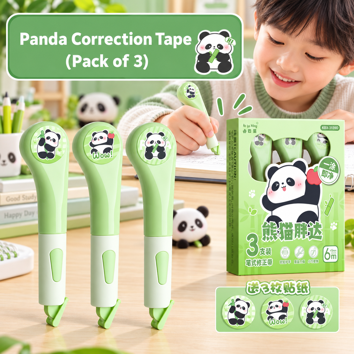 Panda Correction Tape Set of 3 | Quick-Dry White-Out Correction Tape Rollers for Students, Kids, School & Office | No-Mess Paper Correction with Precision Tip
