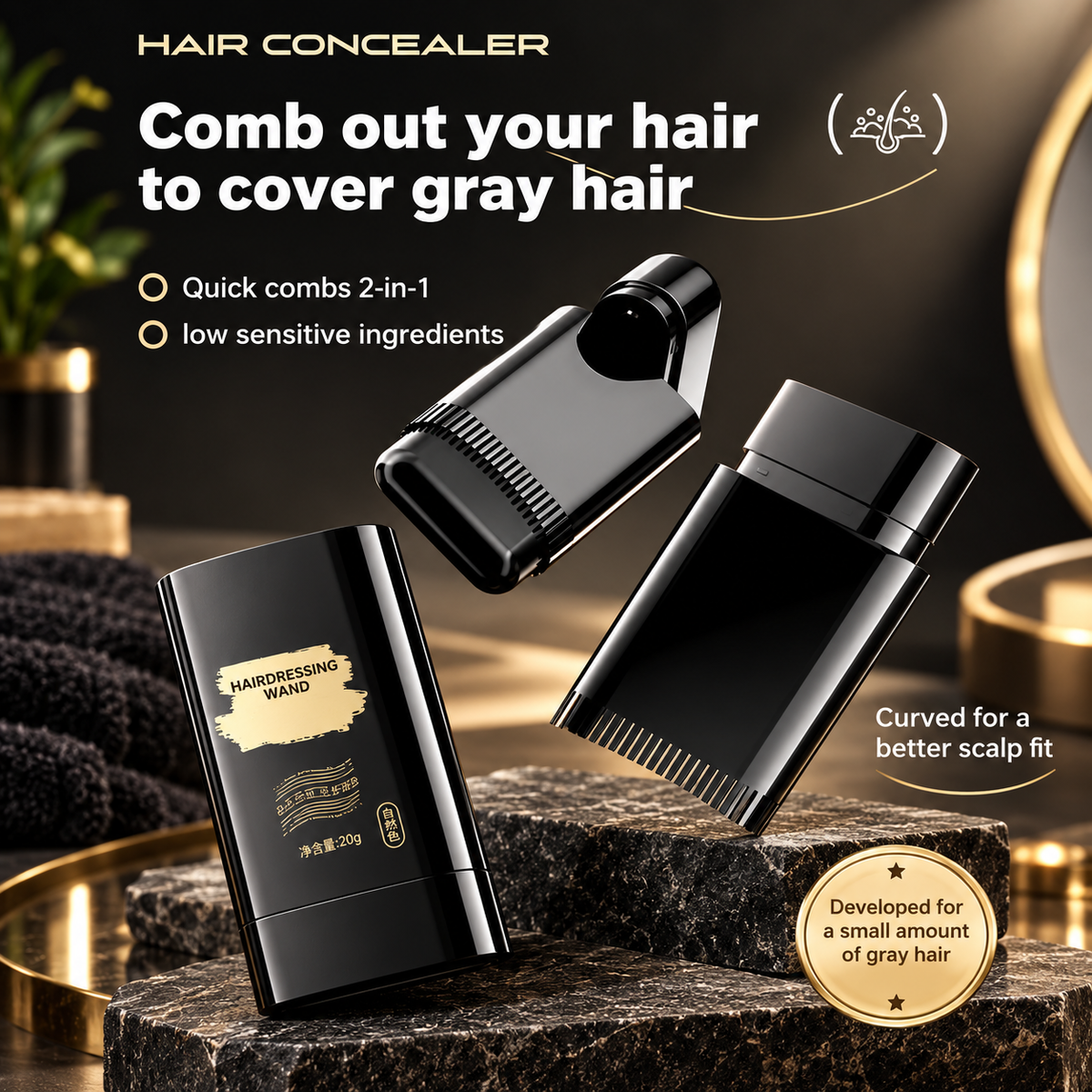 Hair Color Comb Stick for Grey Hair Coverage | Waterproof & Sweat-Proof Hair Root Touch-Up Stick for Men & Women – Black