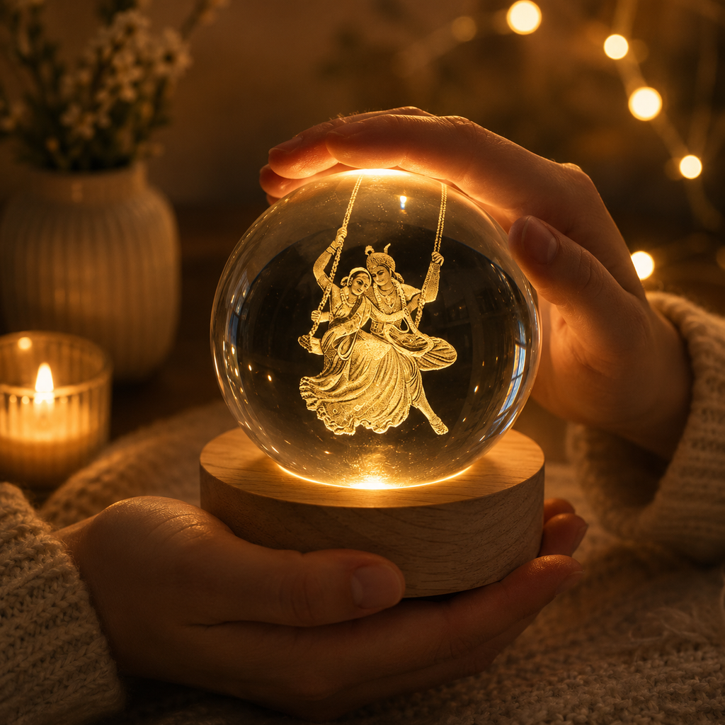 3D Radha Krishna Swing Crystal Ball LED Night Lamp with Wooden Base | Spiritual Engraved Decorative Light for Home Mandir