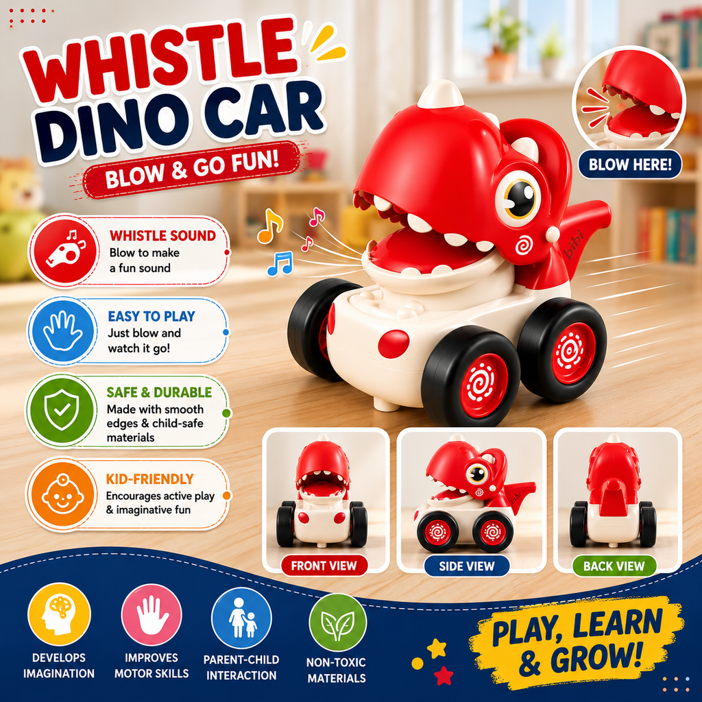 RRR Collection Dinosaur Press & Go Toy Car for Toddlers 1-3 Years | Baby Dino Friction Powered Whistle Car | Educational Push Toy for Boys & Girls