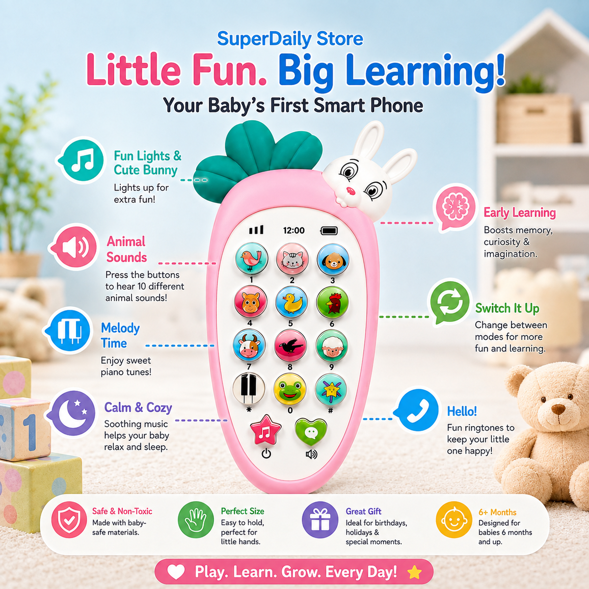 Educational Toy Phone for Kids | Interactive Musical Mobile Phone with Lights & Sounds | Rabbit Design Learning & Pretend Play Toy for Toddlers