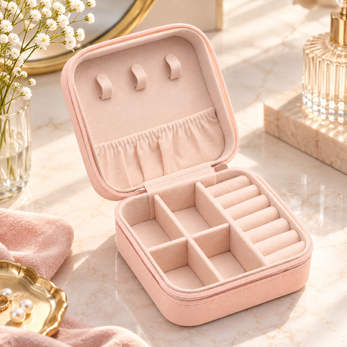 Faux Leather Mini Jewellery Travel Case | Portable Jewelry Organizer Box for Rings, Earrings, Necklaces & Accessories – Pink
