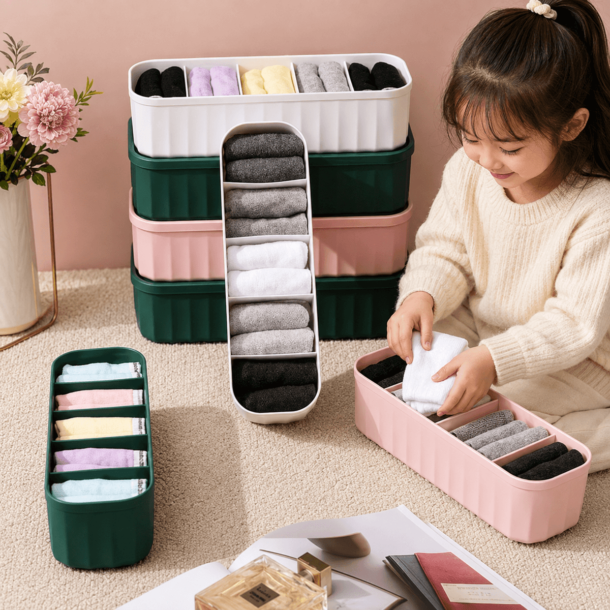 Drawer Organizer Set of 4 | Plastic Underwear & Undergarment Storage Boxes for Socks, Bras, Ties & Small Clothes