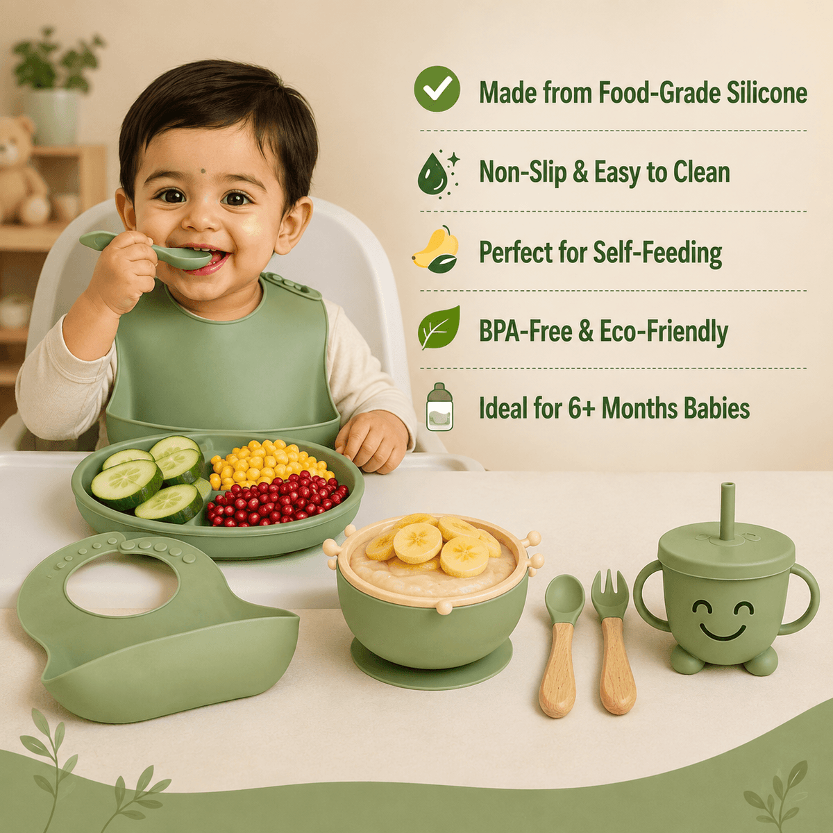 Silicone Baby Feeding Set Green – 6 Pcs | Plate, Bowl, Spoon, Fork, Bib & Cup | Food-Grade Silicone Tableware for Babies & Toddlers