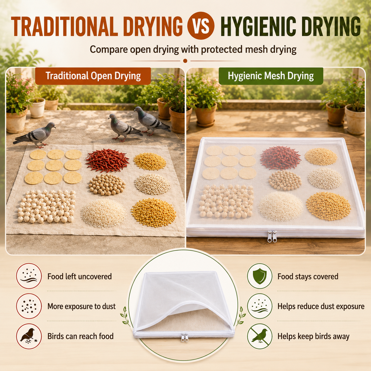 Papad Drying Mesh Net with Zip Cover, 28 x 38 Inch Reusable Food Drying Mat for Papad, Chilli, Fryums, Herbs, Spices, Grains & Dry Fruits