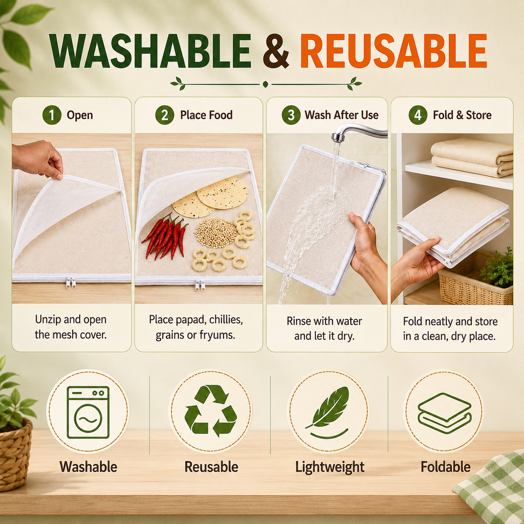 Papad Drying Mesh Net with Zip Cover, 28 x 38 Inch Reusable Food Drying Mat for Papad, Chilli, Fryums, Herbs, Spices, Grains & Dry Fruits