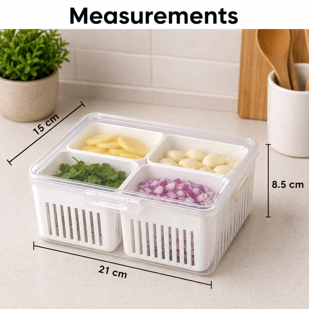 Fridge Storage Box with Lid & 4 Compartments | Refrigerator Organizer Basket for Fruits, Vegetables, Onion, Garlic & Herbs