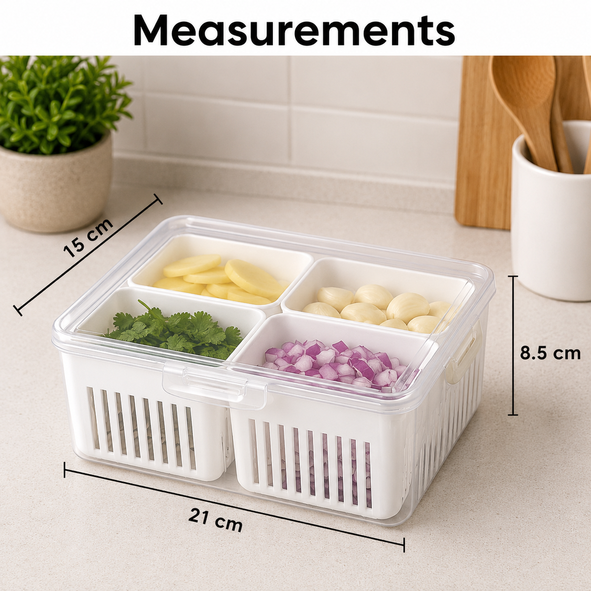 Fridge Storage Box with Lid & 4 Compartments | Refrigerator Organizer Basket for Fruits, Vegetables, Onion, Garlic & Herbs