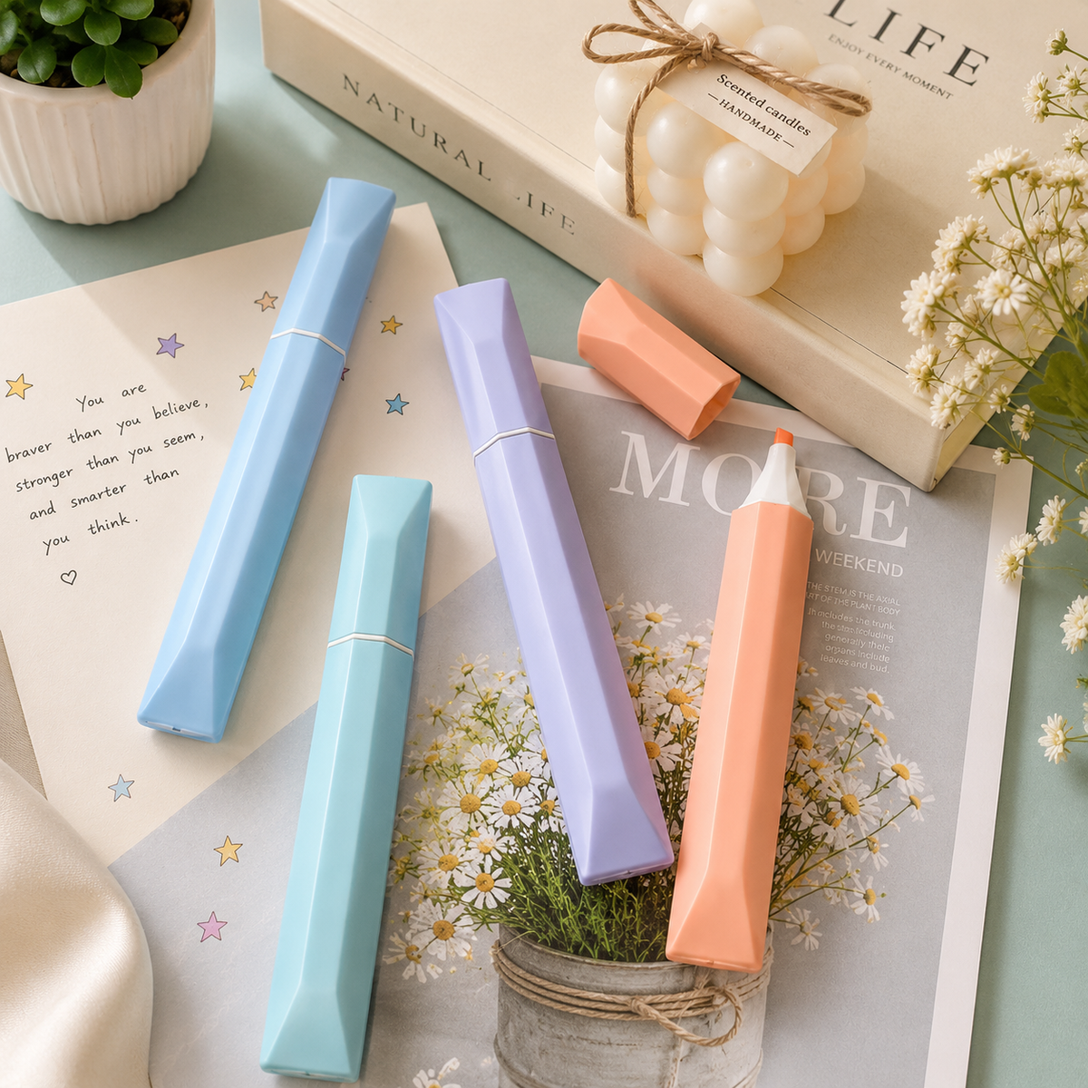 4 PCS Pastel Highlighter Set, Soft Head Chisel Tip Highlighter Pens for School, College, Office, Journaling, Notes & Planner