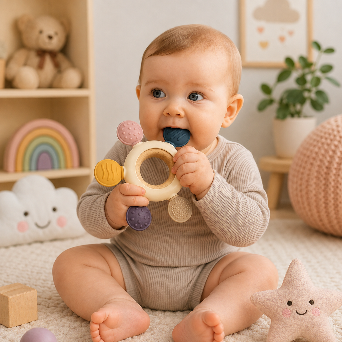 Silicone & Wooden Baby Teether Ring for Infants, Soft Textured Teething Toy