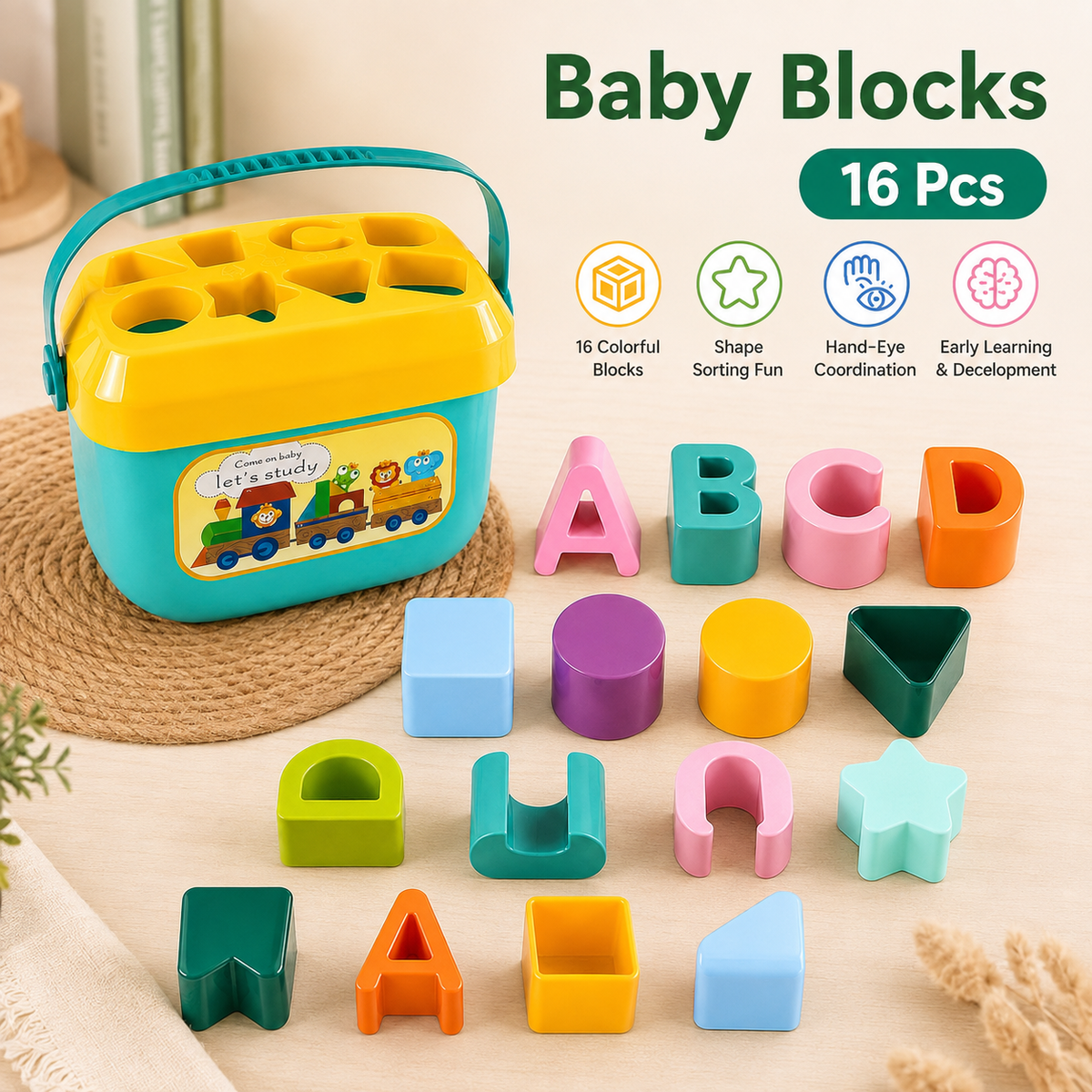 16 Pcs ABCD Learning Blocks & Shape Sorter Toy for Babies & Toddlers | Educational Shape Sorting Blocks